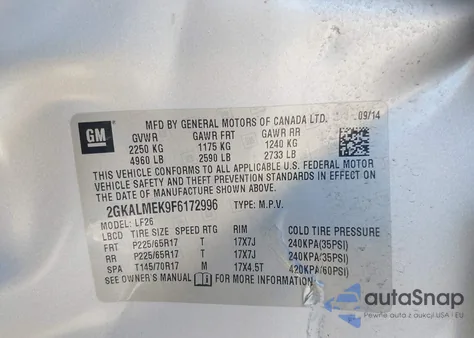 2015 GMC Terrain Sle-1 из США, поврежденный, VIN 2GKALMEK9F6172996